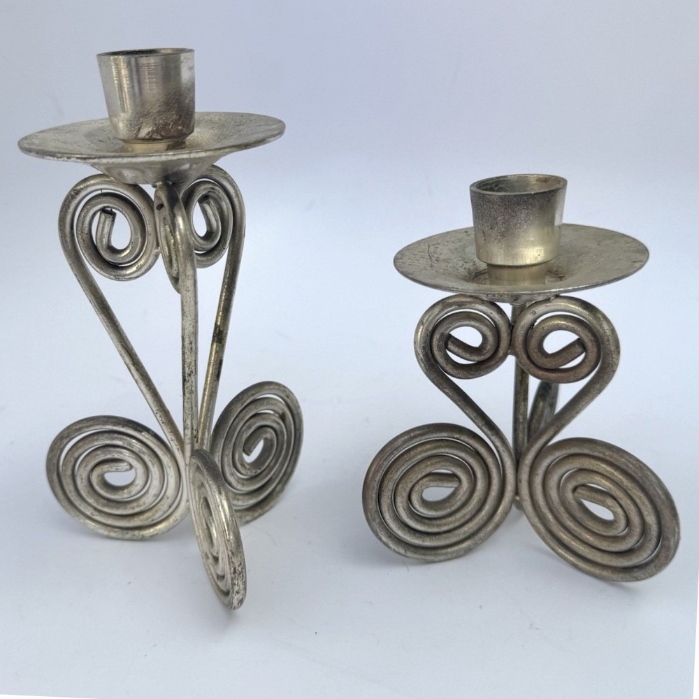 VTG 90s Candle Holders Metal Scroll Taper India Silver Color (1) 5" (1) 6"